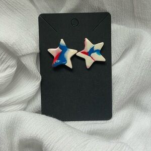 Star-Shaped Handmade Clay Earrings - Red White and Blue Fourth of July